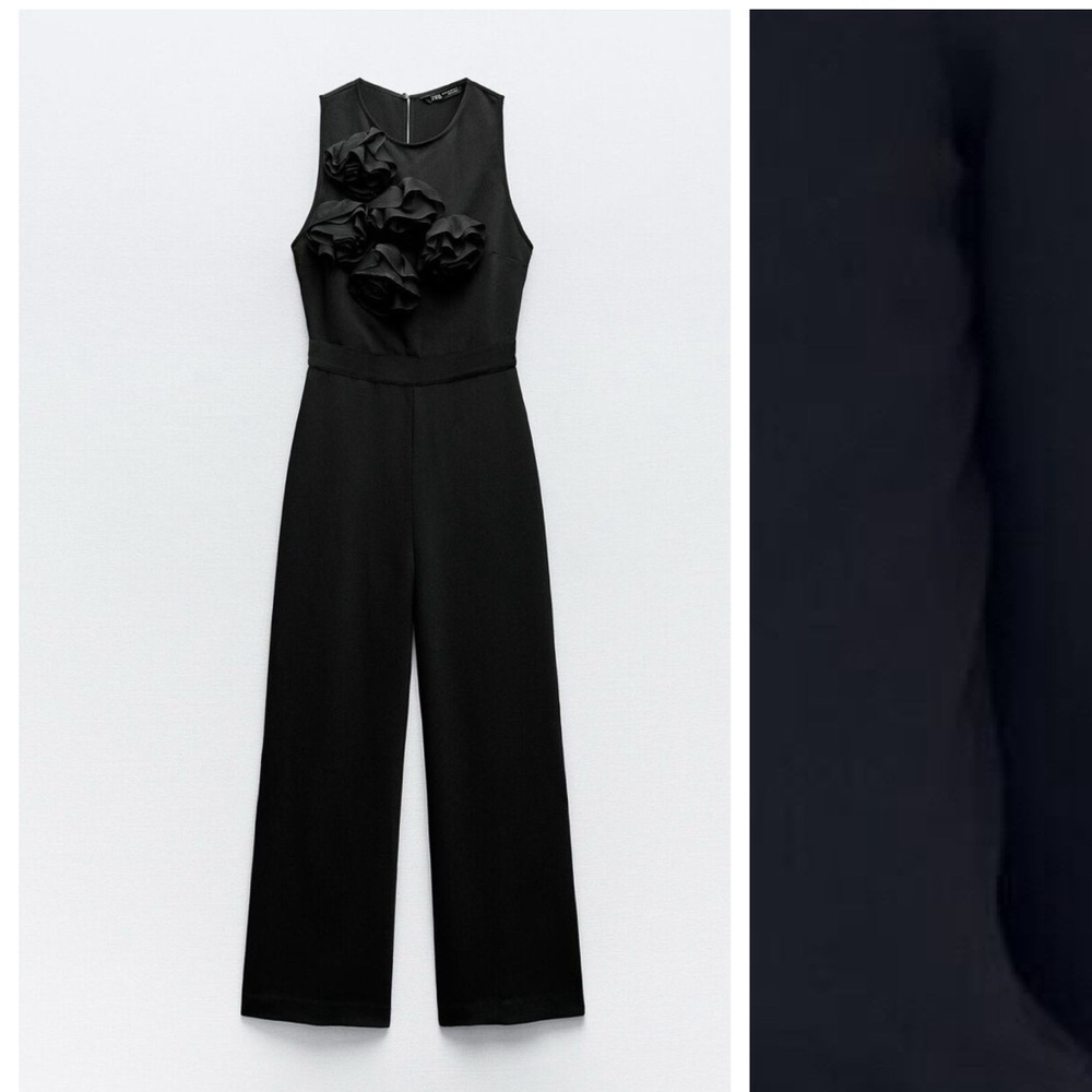NWT. Zara Black Textured Floral Crepe Sleeveless Jumpsuit. Size XL.